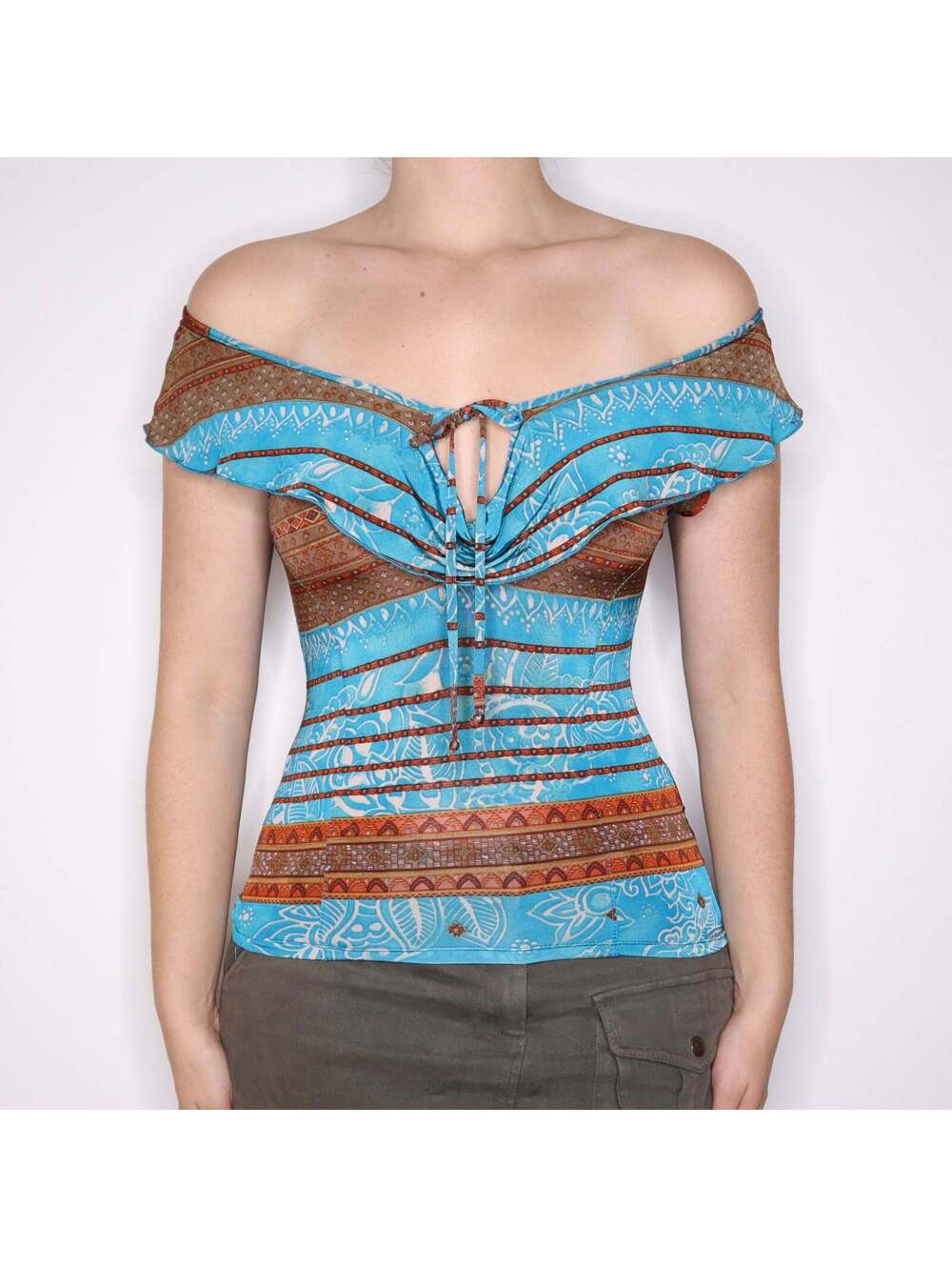 Y2K Italian Blue and Brown Printed Top (M/L)